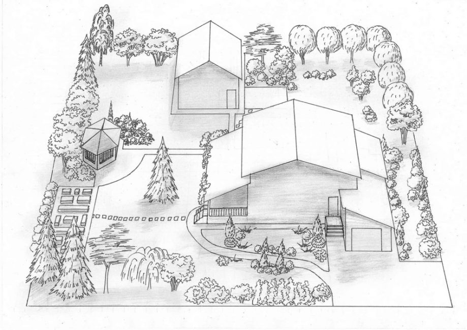 Diseño del sitio en papel, donde se indican edificios, caminos, árboles grandes