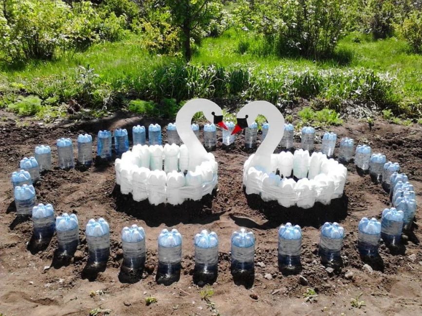 Plastik şişelerden iki kuğu