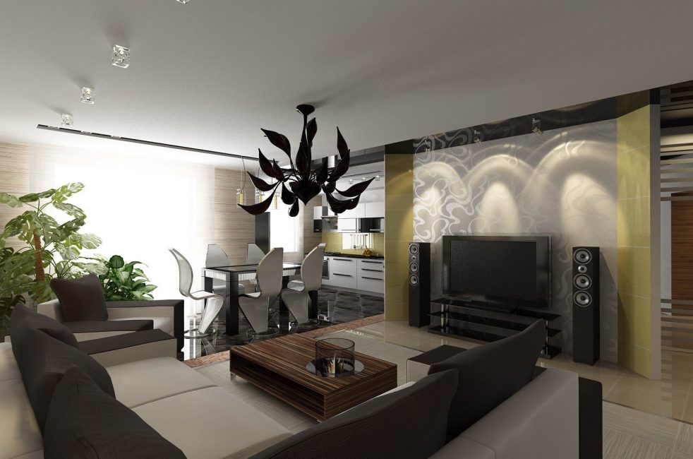 Salón-cocina decorado con colores contrastantes