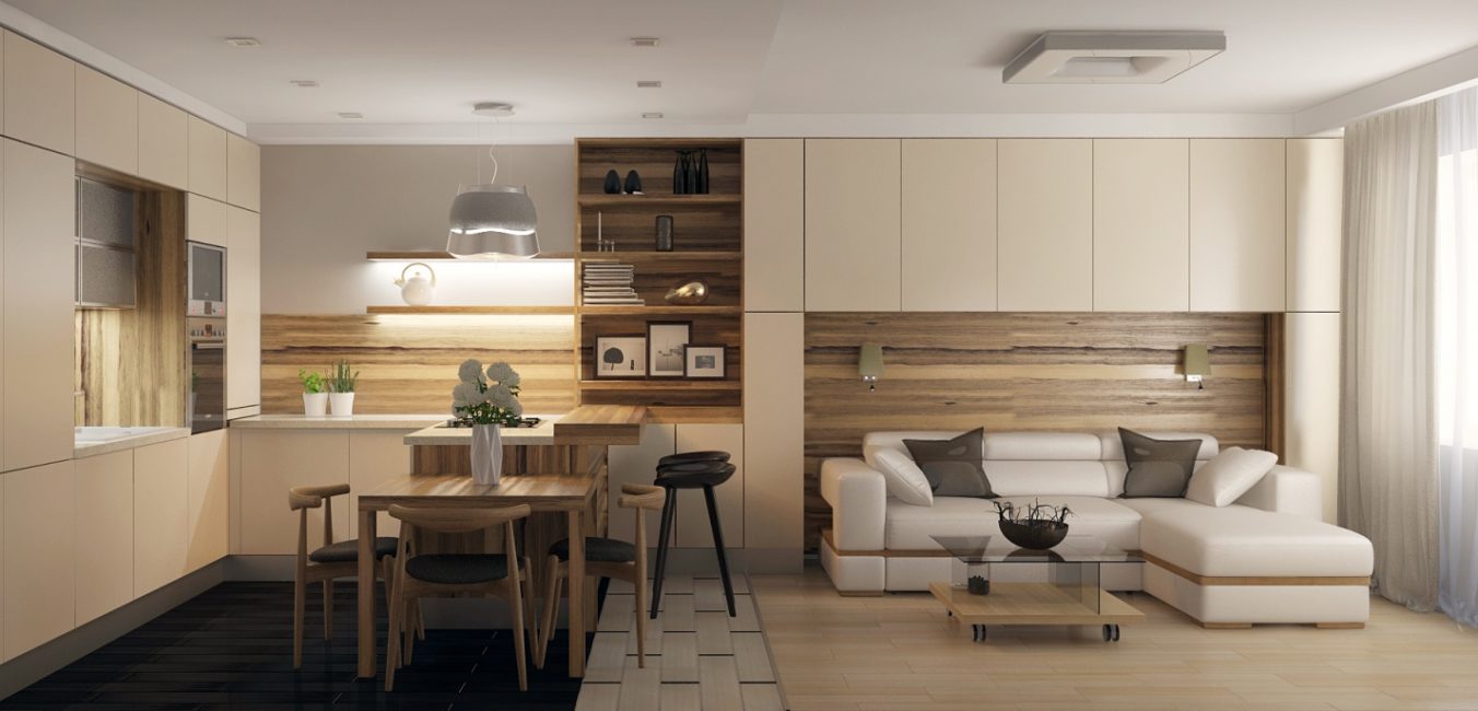 Amplia cocina-salón con predominio de colores cálidos