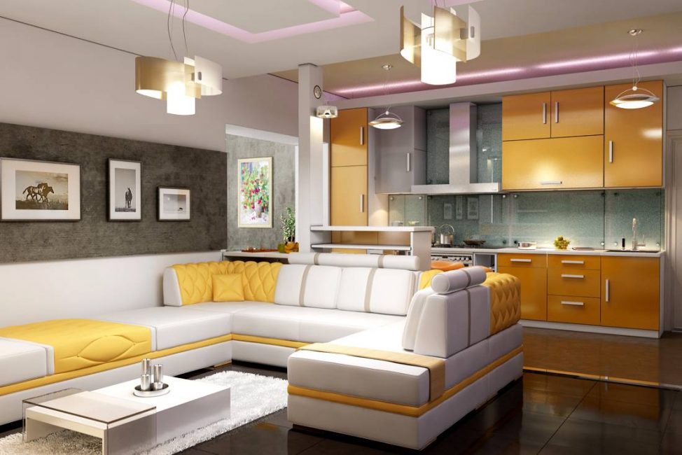 Sala de estar luminosa con detalles en amarillo brillante