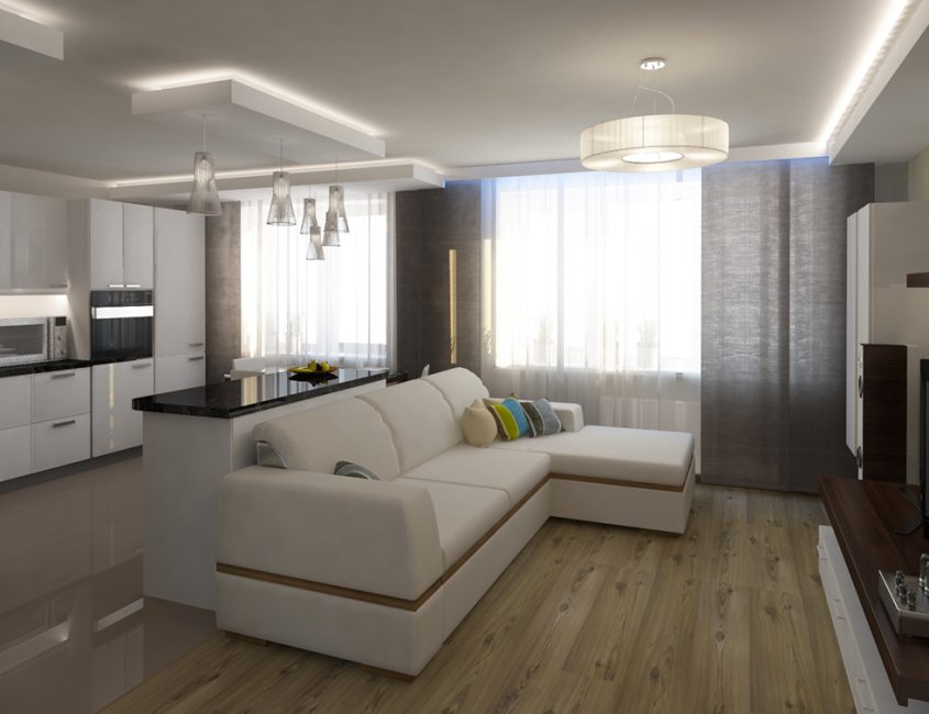 Salón decorado con predominio de tonos grises