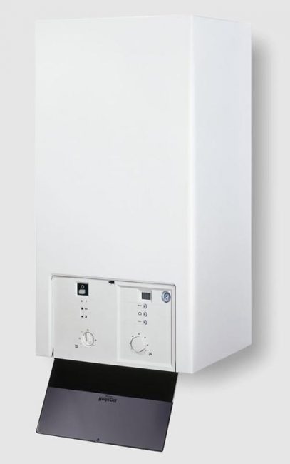 El modelo tiene un diseño estándar: una caja de plástico blanca con válvulas de control en el panel frontal