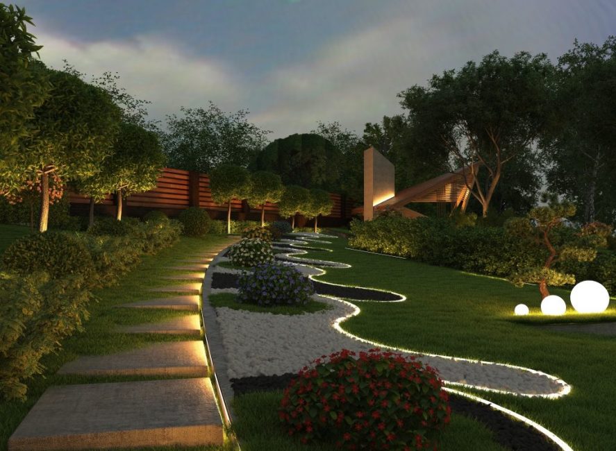 Pasarela iluminada y macizos de flores.