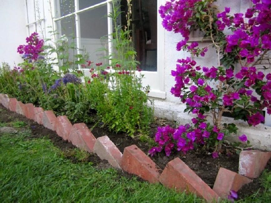 Macizo de flores cercado con ladrillo colocado en ángulo